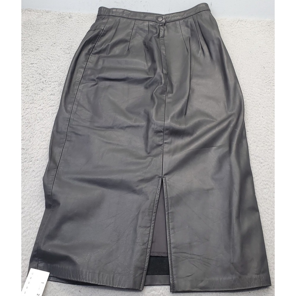 Vtg Northside Fashions A-Line Skirt Womens 13 Black Leather Vented Pleated Waist